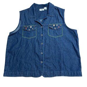 ALLISON LANE DENIM VEST BUTTON UP EMBROIDERED BUTTONS BLUE JEAN SUMMER SIZE 2X